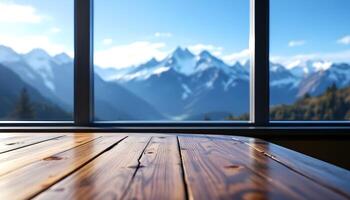 Wooden table in front of a window with mountains in the background photo