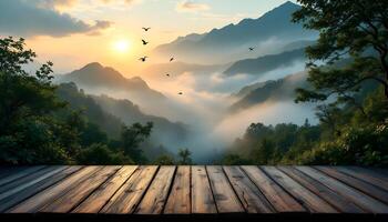 Wooden deck with mountains and birds in the sky photo