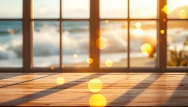 An empty table with a view of the ocean photo