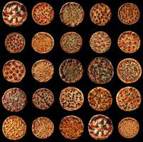 A 5x5 grid collage featuring pizzas with an assortment of colorful toppings photo