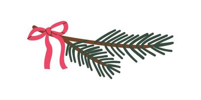 Pine tree branch with bow , flat illustration. Fir twigs with green needles isolated on white background. Winter holiday evergreen decoration, spruce or cedar elements, vector