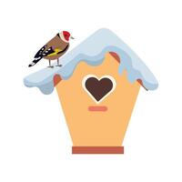Winter illustration. Happy birds with colorful snow covered nesting boxes. winter birdhouse. Christmas and Happy New Year postcard , flat doodle illustration isolate on white . vector
