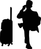 Silhouette of men sit using phone with suitcase vector