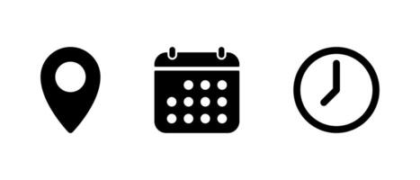 Address, date, and time icon in generic style. Location marker, calendar, and clock sign symbol. Event elements design vector