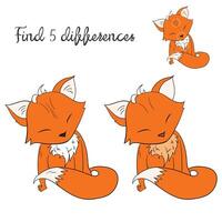 Find differences kids layout for game fox doodle cartoon hand drawn illustration vector