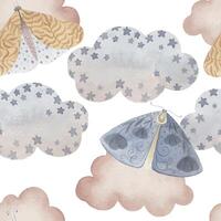 Boho Butterfly seamless pattern with clouds and stars on the white background. Hand drawn watercolor charming celestial illustration in soft pastel colors for baby nursery decor designs. vector