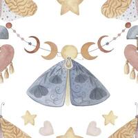 Boho Butterfly seamless pattern with moon phase and star on the white background. Hand drawn watercolor charming celestial illustration in soft pastel colors for baby nursery decor designs. vector
