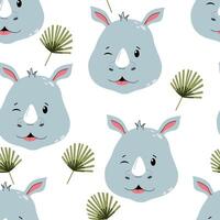 A pattern with rhinos and palm leaves vector