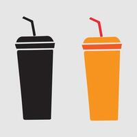 beverage cups, one in black and the other in orange with a red straw, vector