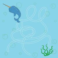 Layout for game labyrinth find a way narwhal doodle cartoon hand drawn illustration vector