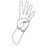Palm hand number four gesture black and white color illustration vector