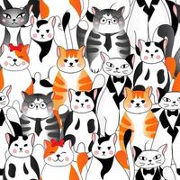 Seamless pattern with many different cats on white background. Illustration for children. vector