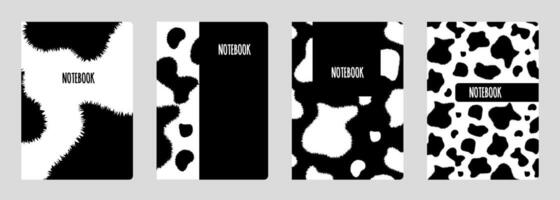 Set of cover designs for notebook, notepad, catalog with abstract furry spots under the texture of cowhide. Animal black and white print. Vertical format A4, A5. vector