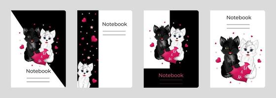 Set of cover designs for notebook, notepad, book, catalog with black and white cats. Vertical format A4,A5. vector