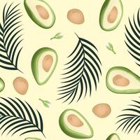 Seamless pattern with hand drawn tropical palm leaves and avocado slice on eyllow background. vector