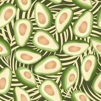 Seamless pattern with hand drawn tropical palm leaves and avocado slice on green background. vector
