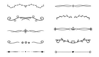 Swirl line divider, doodle decorative fancy ornament border, simple hand drawn frame. Retro curve set flourish thin decorations. vector