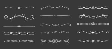Swirl line chalk divider, doodle decorative fancy ornament border, simple hand drawn frame. Retro curve set flourish thin decorations. vector