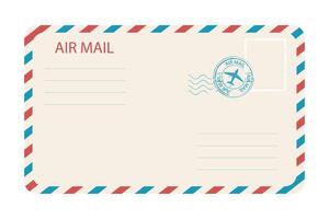 Air mail envelope with spriped border, stamp and mark. Retro Vintage postage card. Blank template with stamp. Airmail frame vector
