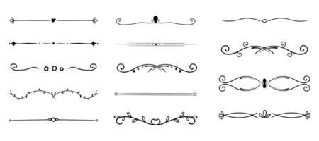 Swirl line divider, doodle decorative fancy ornament border, simple hand drawn frame. Retro curve set flourish thin decorations. vector