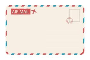 Air mail envelope with spriped border, stamp and mark. Retro Vintage postage card. Blank template with stamp. Airmail frame vector