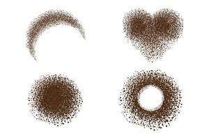 Set Coffee ground speckles powder, cocoa top view. Grainy bean with particles textured stain. Brown chocolate dust. grains and granules shape vector