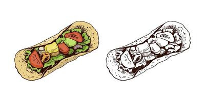 Taco top view. Hand-drawn colored and monochrome sketch of taco on white background. Fast food vintage illustration. Element for the design of labels, packaging and postcards vector