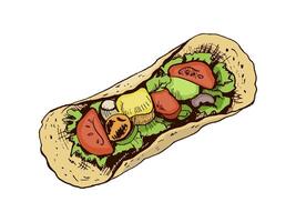 Taco top view. Hand-drawn colored sketch of taco on white background. Fast food vintage illustration. Element for the design of labels, packaging and postcards vector