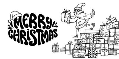 Merry Christmas horizontal banner. Funny Santa Claus and many gifts. Hand written Groovy lettering. Festive color doodle background. For invitation, congratulation, web, cards. illustration. vector