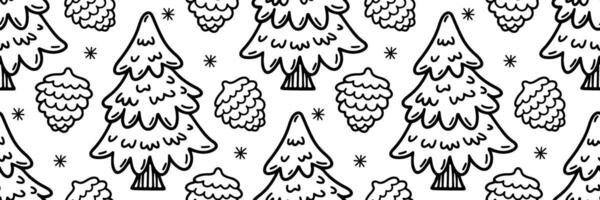 Christmas tree outline pattern. Pine tree, cones and snowflakes hand drawn line art. Festive winter doodle background. Minimalistic horizontal illustration for holidays, wrapping paper. vector