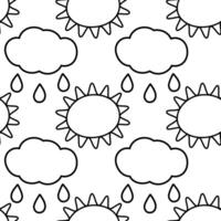 Outline sun with rays and cloud with drops Seamless pattern in trendy minimalism. Weather background. Isolated illustration Wrapping, wallpaper or web promo, poster, leaflet, banner, label, tag vector