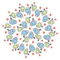 Stylized Butterflies with spots in trendy soft green and blue and decorative hearts Round backdrop. Isolated illustration Wrapping, wallpaper or web, banner, greetings or invitation background vector