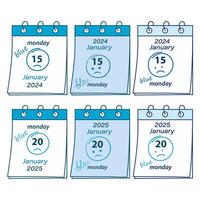 Calendar pages with Blue Monday date in January 2024, 2025 with hand drawn smiley face. 6 options. Big set. Isolate. EPS. design concept for greetings or invitation and other different uses. vector