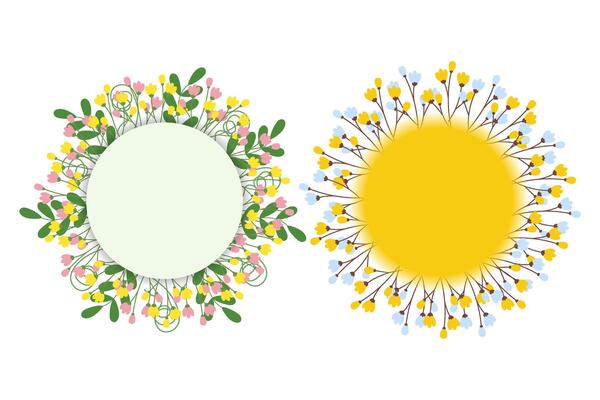 Green leaves, blossom twigs and flowers Circle frames Set of 2. Spring greeting template Copy space. Isolated illustration Lettering or cards cover, leaflets, banners, invitations or web promo