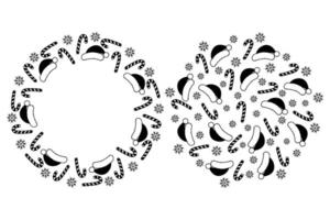 Santa caps, Candy canes and snowflakes Black and white Round Frame border and decorative background. Copy space. Isolated illustration Christmas greeting Card, leaflet, banner, label or web Set vector