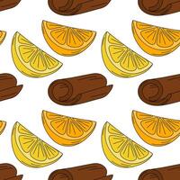 Cinnamon stick, Orange and Lemon slices in trendy Pop Art Seamless Pattern. Background texture idea. Isolated illustration Wallpaper, wrapping or web, posters, banners, cards, price tag, labels vector