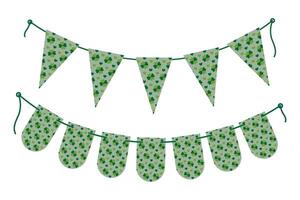 Triangular and Rounded Pennants patterned quatrefoil clover and hearts in trendy monochrome green. Set of 2 Isolated illustration St Patrick Greeting card, poster, leaflet, banner or web promo vector