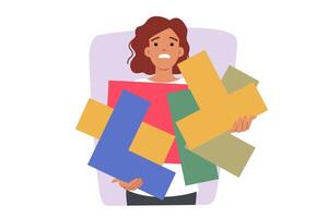 Disoriented woman holding puzzle pieces, experiencing problems due to lack of task management skills vector
