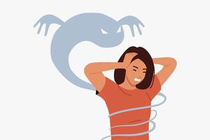 Panic attack in woman due to mental health problems and hallucinations in form of monsters vector