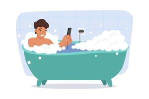 Man plays with mobile phone and takes bath, risking electric shock due to wet socket vector