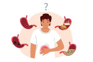 Digestive problems in man standing among stomachs are caused by unknown reasons. vector