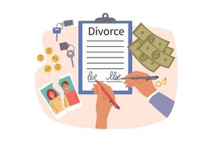 Signing divorce document and agreement on division of property by hands of ex-husband and wife vector