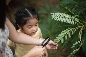 Asian woman is holding a magnifying glass and looking at a child. The scene is peaceful and educational, as the woman is teaching the child about the leaf photo