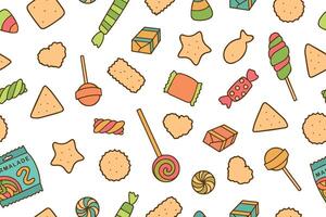 Seamless pattern with colorful candies, cookies and sweets on a white background. Texture for banners, wallpaper, textile, wrapping paper, confectionery or children's party. . vector