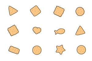 Collection of cookies and crackers of different shapes isolated on white. Popular street snack, hand drawn, vector
