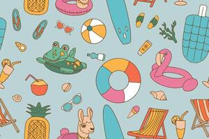 Seamless bright pattern of swimming elements in doodle style. Inflatable rings and beach accessories on a blue background.. vector