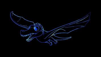 Neon frame effect, flying winged dinosaur on black background video
