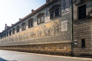 Dresden, Germany-august 15, 2022-view of the Furstenzug a long and fantastic mural in porcelain tiles depicting the Saxon rulers in various eras. photo