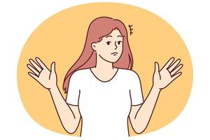Woman throws up hands, denying involvement in problem or demonstrating ignorance of answers vector