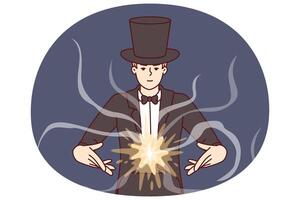 Man magician demonstrates magic tricks to entertain guests of circus or entertainment event vector